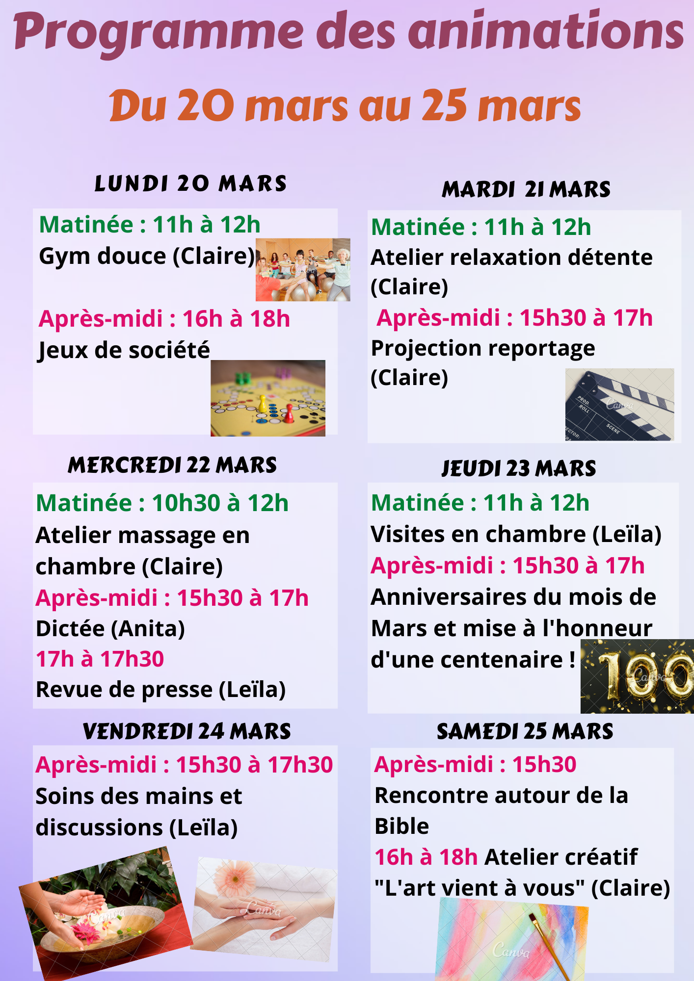 Animations semaine 3 mars 2023 ehpad l'arche lille