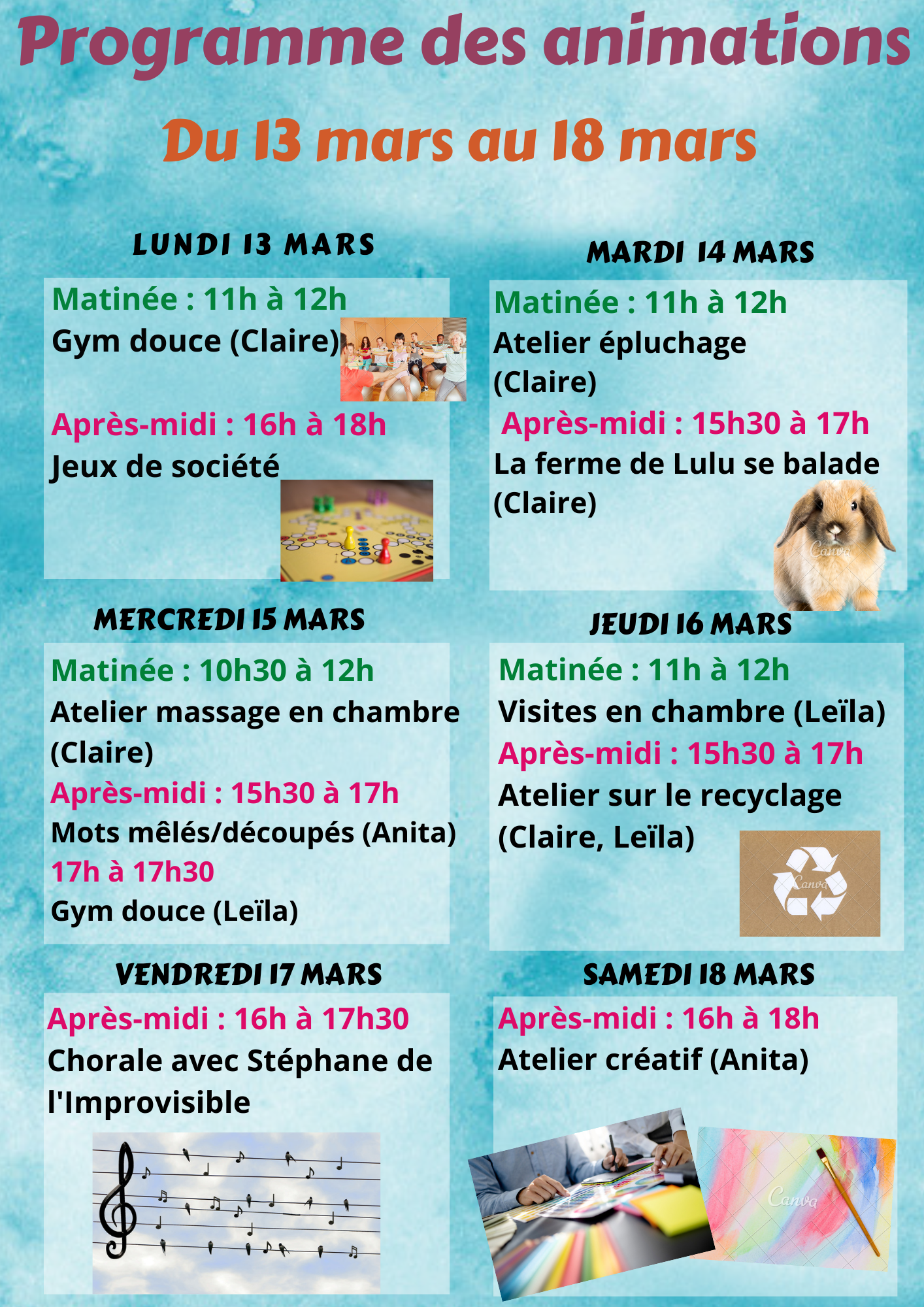 Animations semaine 2 mars 2023 ehpad l'arche lille