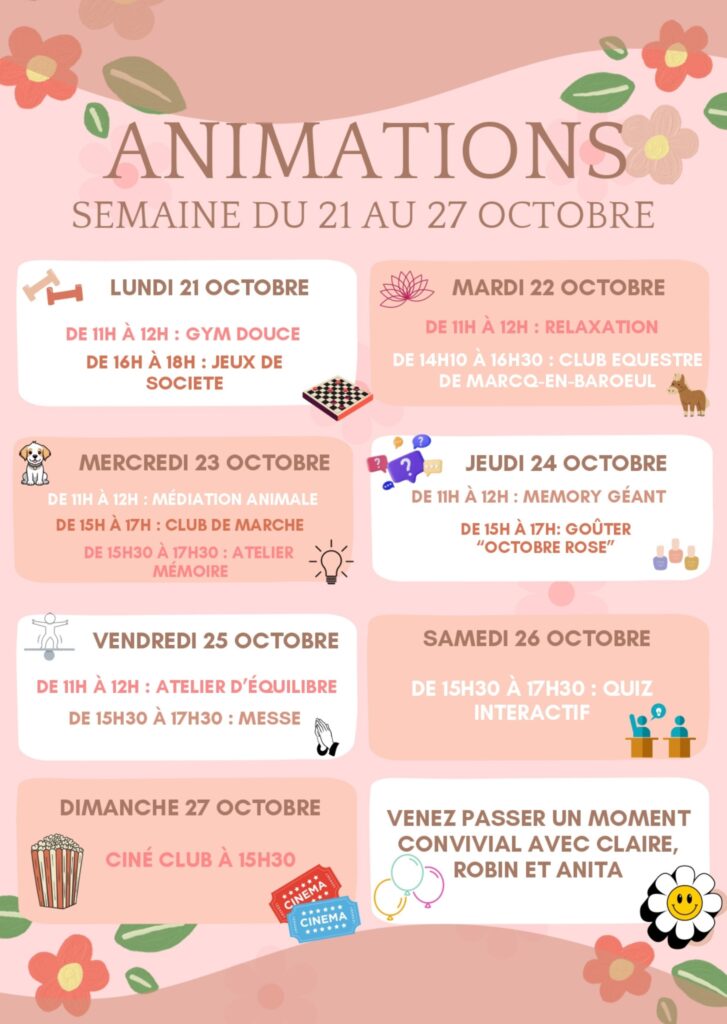 Animations ehpad de l'arche à Lille :  du 21 au 27 octobre 2024