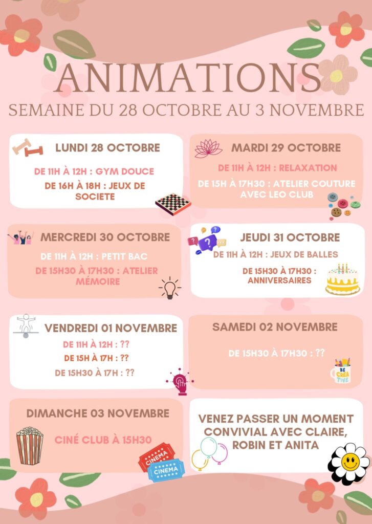 Animations ehpad de l'arche à Lille : du 28 octobre au 3 novembre 2024