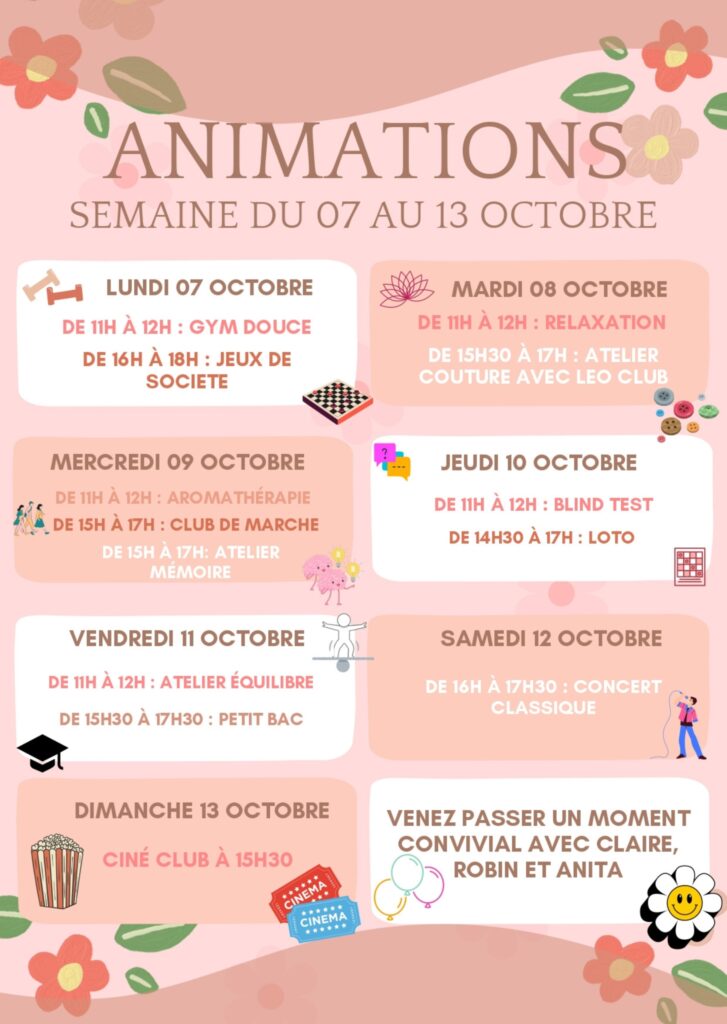 Animations ehpad de l'arche à Lille : du 7 au 13 octobre 2024