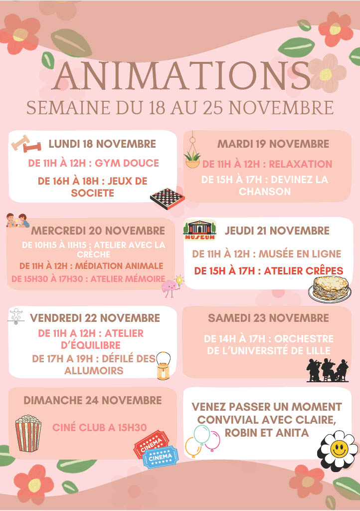 Animations EHPAD de L'Arche à Lille :  du 18 au 25 novembre 2024