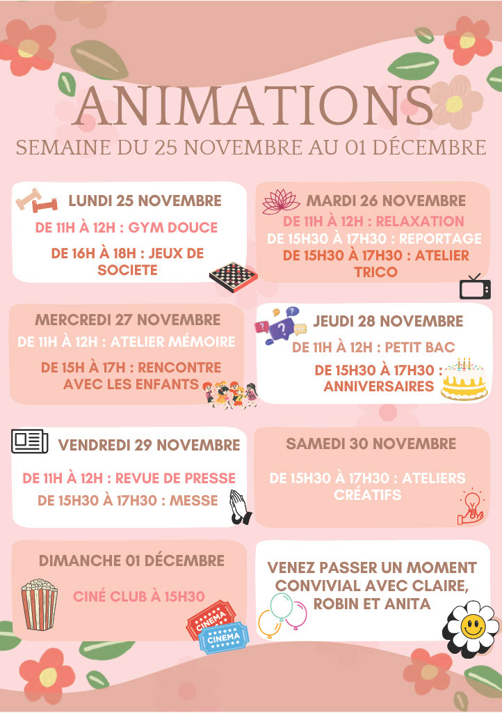 Animations EHPAD de L'Arche à Lille :  du 25 novembre au 1 décembre 2024